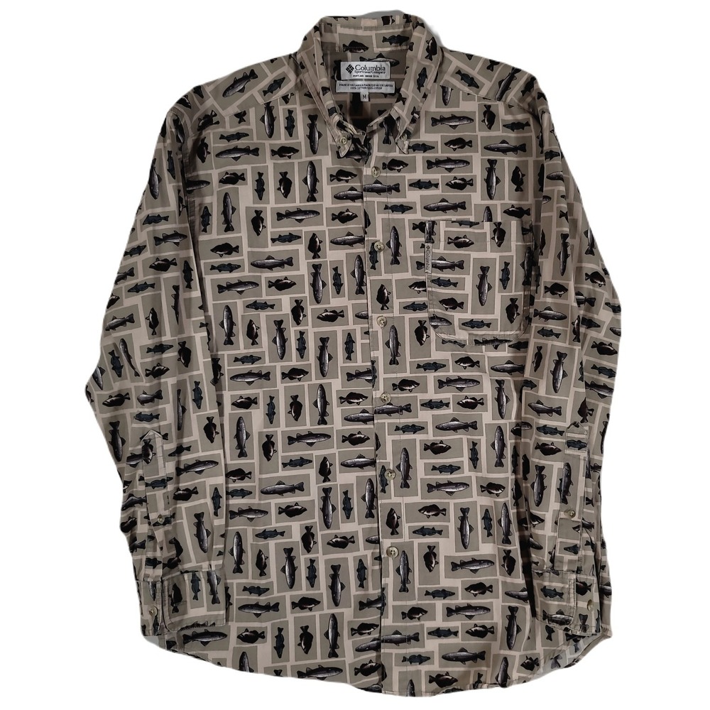 Columbia Fish‎ Print Shirt Mens Medium Tan Cotton Long Sleeve Trout Bass Outdoor